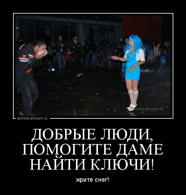 демотиватор ДОБРЫЕ ЛЮДИ, ПОМОГИТЕ ДАМЕ НАЙТИ КЛЮЧИ! жрите снег! - 2012-10-21