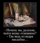 Демотиватор - Почему вы, русские, пьёте водку стаканами? - Так ведь из ведра неудобно.... 
