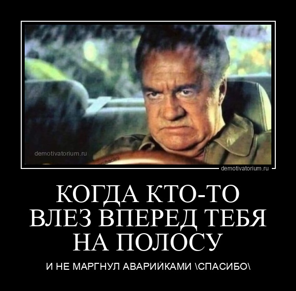 демотиватор КОГДА КТО-ТО ВЛЕЗ ВПЕРЕД ТЕБЯ НА ПОЛОСУ И НЕ МАРГНУЛ АВАРИЙКАМИ \СПАСИБО\ - 2023-10-03